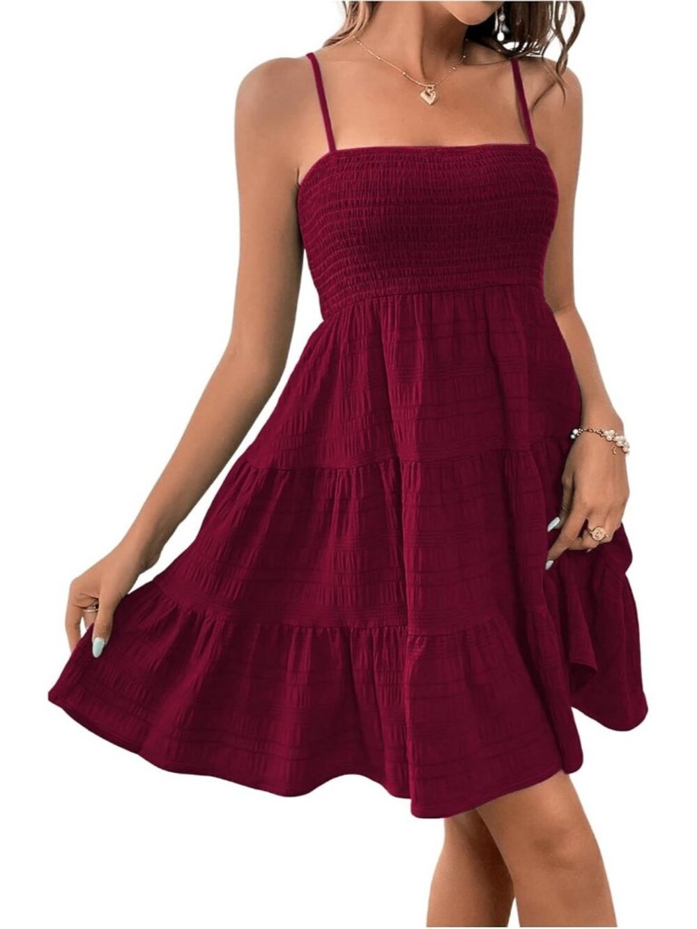 Women's Burgundy Smocked Cami Mini Dress Sleeveless Sundress Swing A-Line Casual